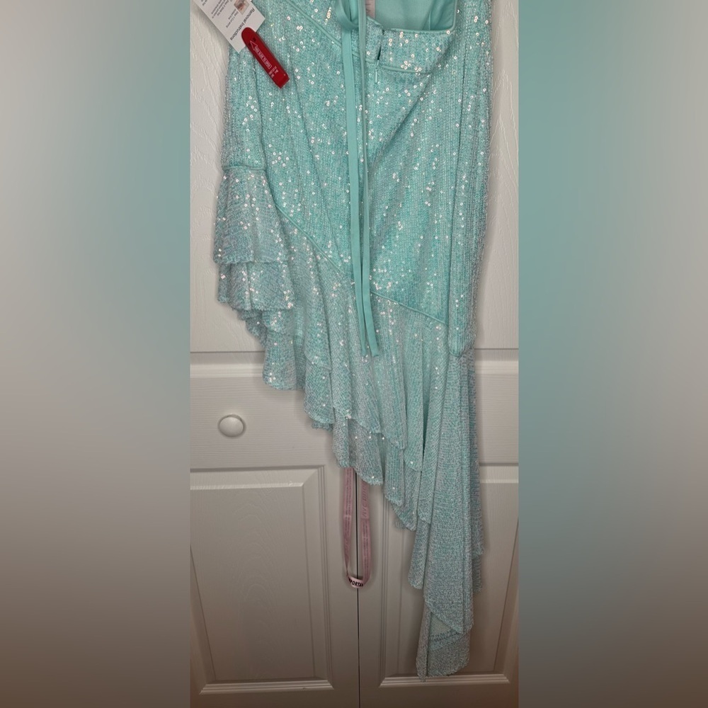 Mac Duggal NWT Blue Sequined Halter Ruffle Asymmetrical Dress Style #A11274 - Picture 9 of 12